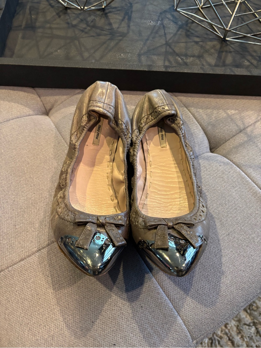 Miu Miu Metallic Taupe Ballet Flats with Patent Cap Toe